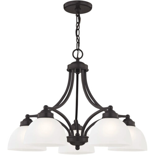 5 Light English Bronze Dinette Chandelier with Satin Glass Shade-Lighting LumensChandeliers