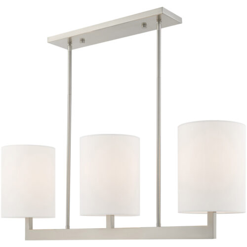 7.5 inch 3 Light Brushed Nickel Linear Chandelier with Hand Crafted Off-White Fabric Outside & White Fabric Inside Hardback Shade-Lighting LumensChandeliers