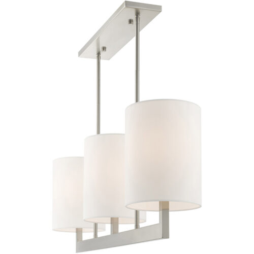 7.5 inch 3 Light Brushed Nickel Linear Chandelier with Hand Crafted Off-White Fabric Outside & White Fabric Inside Hardback Shade-Lighting LumensChandeliers