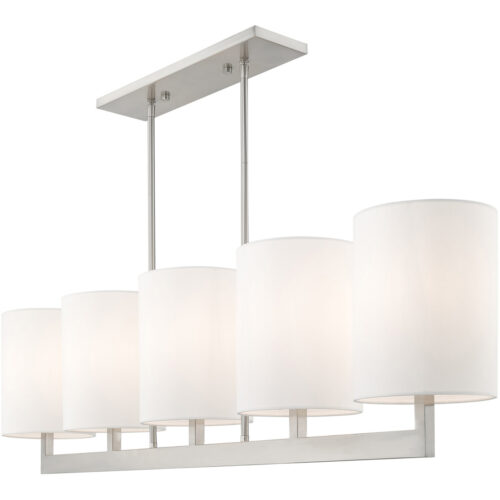 7.5 inch 5 Light Brushed Nickel Linear Chandelier with Hand Crafted Off-White Fabric Outside & White Fabric Inside Hardback Shade-Lighting LumensChandeliers