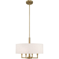 4 Light Antique Brass Pendant Chandelier with Hand Crafted Oatmeal Fabric Hardback Shade-Lighting LumensChandeliers