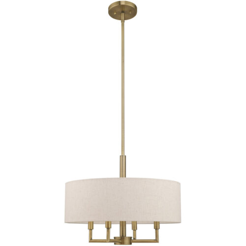 4 Light Antique Brass Pendant Chandelier with Hand Crafted Oatmeal Fabric Hardback Shade-Lighting LumensChandeliers