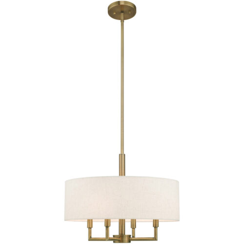 4 Light Antique Brass Pendant Chandelier with Hand Crafted Oatmeal Fabric Hardback Shade-Lighting LumensChandeliers