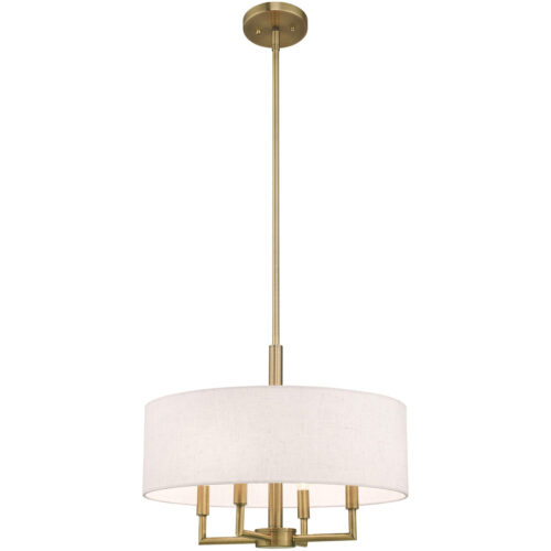 4 Light Antique Brass Pendant Chandelier with Hand Crafted Oatmeal Fabric Hardback Shade-Lighting LumensChandeliers