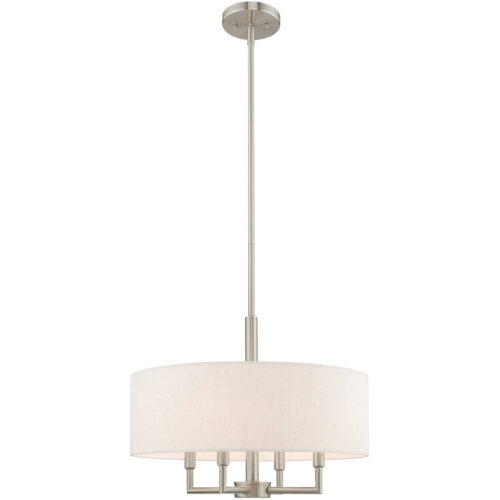 4 Light Brushed Nickel Pendant Chandelier with Hand Crafted Oatmeal Fabric Hardback Shade-Lighting LumensChandeliers