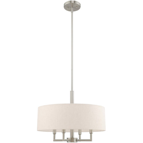 4 Light Brushed Nickel Pendant Chandelier with Hand Crafted Oatmeal Fabric Hardback Shade-Lighting LumensChandeliers