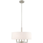 4 Light Brushed Nickel Pendant Chandelier with Hand Crafted Oatmeal Fabric Hardback Shade-Lighting LumensChandeliers