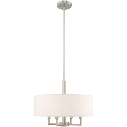 4 Light Brushed Nickel Pendant Chandelier with Hand Crafted Oatmeal Fabric Hardback Shade-Lighting LumensChandeliers