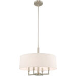 4 Light Brushed Nickel Pendant Chandelier with Hand Crafted Oatmeal Fabric Hardback Shade-Lighting LumensChandeliers