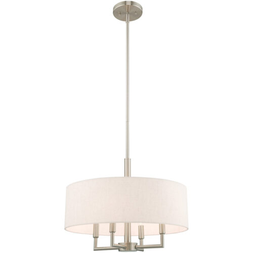 4 Light Brushed Nickel Pendant Chandelier with Hand Crafted Oatmeal Fabric Hardback Shade-Lighting LumensChandeliers