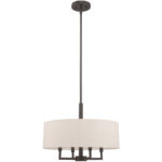 4 Light English Bronze Pendant Chandelier with Hand Crafted Oatmeal Fabric Hardback Shade-Lighting LumensChandeliers