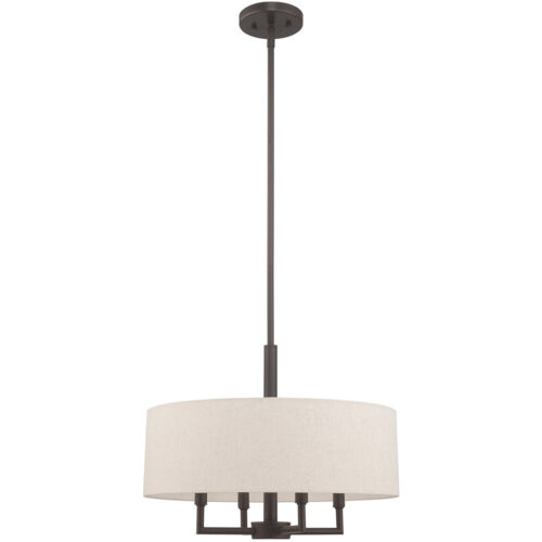 4 Light English Bronze Pendant Chandelier with Hand Crafted Oatmeal Fabric Hardback Shade-Lighting LumensChandeliers