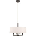 4 Light English Bronze Pendant Chandelier with Hand Crafted Oatmeal Fabric Hardback Shade-Lighting LumensChandeliers