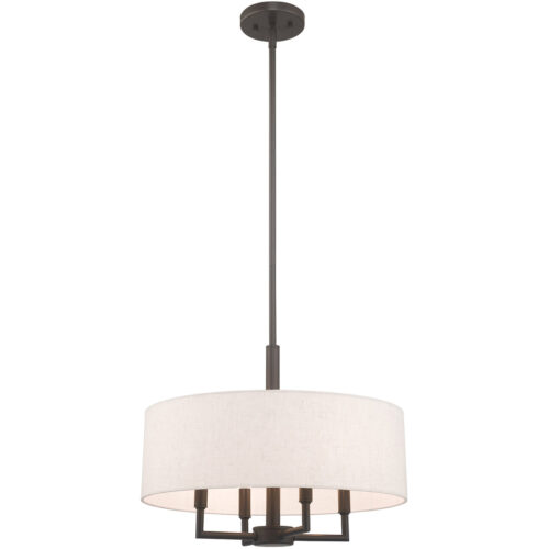 4 Light English Bronze Pendant Chandelier with Hand Crafted Oatmeal Fabric Hardback Shade-Lighting LumensChandeliers