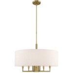 6 Light Antique Brass Pendant Chandelier with Hand Crafted Oatmeal Fabric Hardback Shade-Lighting LumensChandeliers