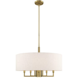 6 Light Antique Brass Pendant Chandelier with Hand Crafted Oatmeal Fabric Hardback Shade-Lighting LumensChandeliers