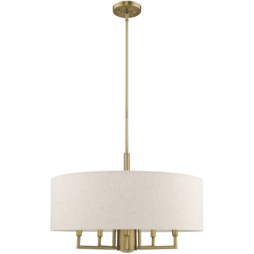 6 Light Antique Brass Pendant Chandelier with Hand Crafted Oatmeal Fabric Hardback Shade-Lighting LumensChandeliers