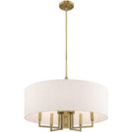 6 Light Antique Brass Pendant Chandelier with Hand Crafted Oatmeal Fabric Hardback Shade-Lighting LumensChandeliers