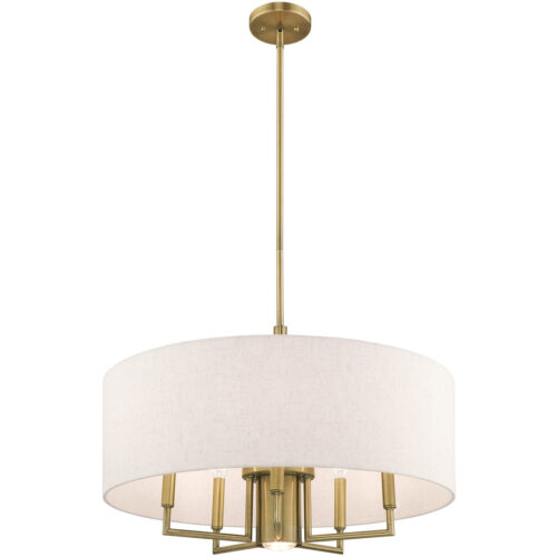 6 Light Antique Brass Pendant Chandelier with Hand Crafted Oatmeal Fabric Hardback Shade-Lighting LumensChandeliers