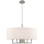 6 Light Brushed Nickel Pendant Chandelier with Hand Crafted Oatmeal Fabric Hardback Shade-Lighting LumensChandeliers