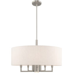 6 Light Brushed Nickel Pendant Chandelier with Hand Crafted Oatmeal Fabric Hardback Shade-Lighting LumensChandeliers