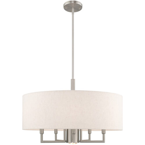 6 Light Brushed Nickel Pendant Chandelier with Hand Crafted Oatmeal Fabric Hardback Shade-Lighting LumensChandeliers