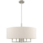 6 Light Brushed Nickel Pendant Chandelier with Hand Crafted Oatmeal Fabric Hardback Shade-Lighting LumensChandeliers