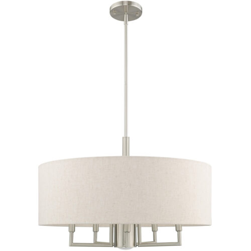 6 Light Brushed Nickel Pendant Chandelier with Hand Crafted Oatmeal Fabric Hardback Shade-Lighting LumensChandeliers