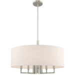 6 Light Brushed Nickel Pendant Chandelier with Hand Crafted Oatmeal Fabric Hardback Shade-Lighting LumensChandeliers