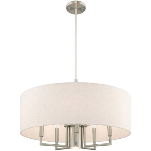 6 Light Brushed Nickel Pendant Chandelier with Hand Crafted Oatmeal Fabric Hardback Shade-Lighting LumensChandeliers