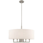 6 Light Brushed Nickel Pendant Chandelier with Hand Crafted Oatmeal Fabric Hardback Shade-Lighting LumensChandeliers