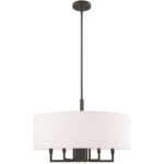 6 Light English Bronze Pendant Chandelier with Hand Crafted Oatmeal Fabric Hardback Shade-Lighting LumensChandeliers