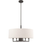 6 Light English Bronze Pendant Chandelier with Hand Crafted Oatmeal Fabric Hardback Shade-Lighting LumensChandeliers