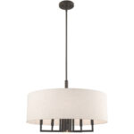 6 Light English Bronze Pendant Chandelier with Hand Crafted Oatmeal Fabric Hardback Shade-Lighting LumensChandeliers