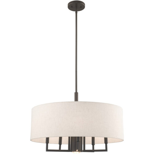 6 Light English Bronze Pendant Chandelier with Hand Crafted Oatmeal Fabric Hardback Shade-Lighting LumensChandeliers