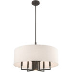 6 Light English Bronze Pendant Chandelier with Hand Crafted Oatmeal Fabric Hardback Shade-Lighting LumensChandeliers