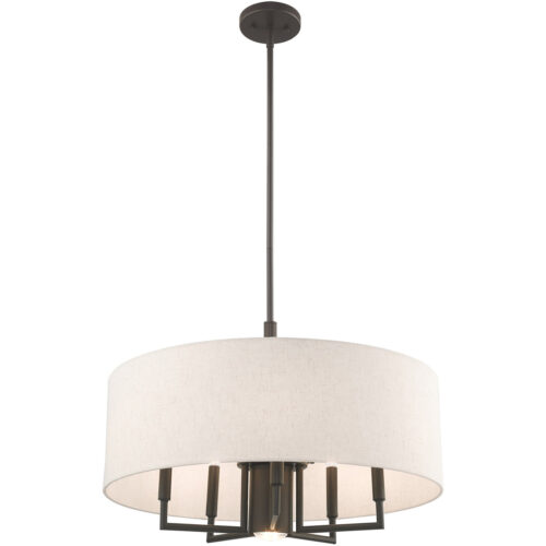 6 Light English Bronze Pendant Chandelier with Hand Crafted Oatmeal Fabric Hardback Shade-Lighting LumensChandeliers