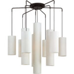 9 Light Bronze Foyer Chandelier with Hand Crafted Oatmeal Color Fabric Outside & White Fabric Inside Hardbacks Shade-Lighting LumensChandeliers