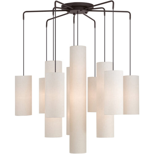 9 Light Bronze Foyer Chandelier with Hand Crafted Oatmeal Color Fabric Outside & White Fabric Inside Hardbacks Shade-Lighting LumensChandeliers