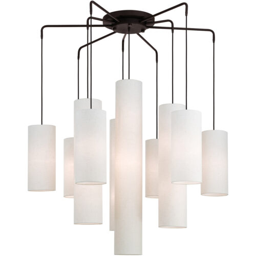 9 Light Bronze Foyer Chandelier with Hand Crafted Oatmeal Color Fabric Outside & White Fabric Inside Hardbacks Shade-Lighting LumensChandeliers