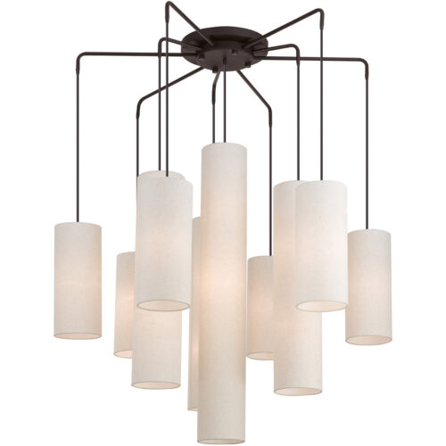 9 Light Bronze Foyer Chandelier with Hand Crafted Oatmeal Color Fabric Outside & White Fabric Inside Hardbacks Shade-Lighting LumensChandeliers