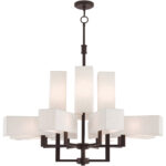 12 Light Bronze Foyer Chandelier with Hand Crafted Oatmeal Color Fabric Outside & White Fabric Inside Hardbacks Shade-Lighting LumensChandeliers