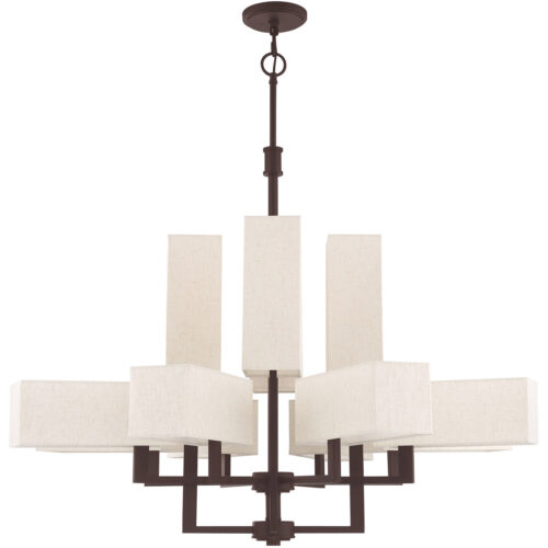 12 Light Bronze Foyer Chandelier with Hand Crafted Oatmeal Color Fabric Outside & White Fabric Inside Hardbacks Shade-Lighting LumensChandeliers