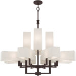 12 Light Bronze Foyer Chandelier with Hand Crafted Oatmeal Color Fabric Outside & White Fabric Inside Hardbacks Shade-Lighting LumensChandeliers