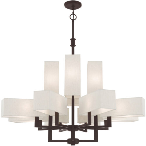 12 Light Bronze Foyer Chandelier with Hand Crafted Oatmeal Color Fabric Outside & White Fabric Inside Hardbacks Shade-Lighting LumensChandeliers