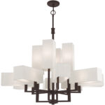 12 Light Bronze Foyer Chandelier with Hand Crafted Oatmeal Color Fabric Outside & White Fabric Inside Hardbacks Shade-Lighting LumensChandeliers