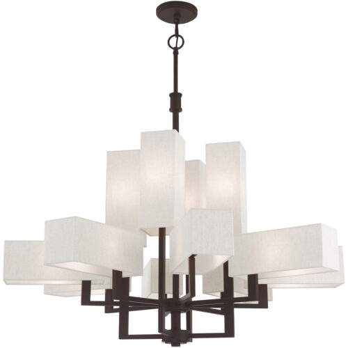 12 Light Bronze Foyer Chandelier with Hand Crafted Oatmeal Color Fabric Outside & White Fabric Inside Hardbacks Shade-Lighting LumensChandeliers