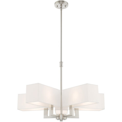 5 Light Brushed Nickel Chandelier with Hand Crafted Off-White Fabric Outside & White Fabric Inside Hardbacks Shade-Lighting LumensChandeliers