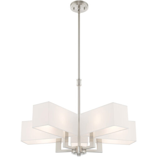 5 Light Brushed Nickel Chandelier with Hand Crafted Off-White Fabric Outside & White Fabric Inside Hardbacks Shade-Lighting LumensChandeliers