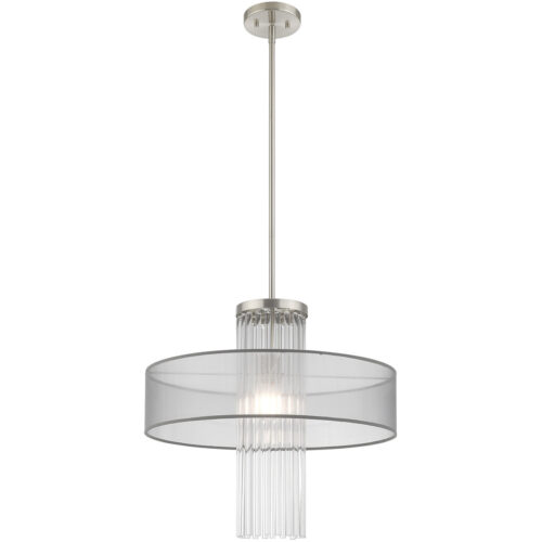 1 Light Brushed Nickel Pendant Chandelier with Clear Crystal Rods/ Hand Crafted Translucent Gray Fabric Shade-Lighting LumensChandeliers